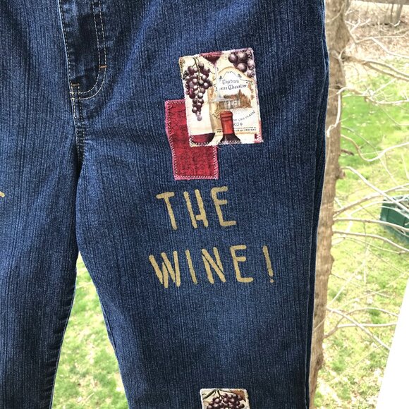 Upcycled Gloria Vanderbilt Patchwork Denim Capris Shorts, Painted Wine Theme, 14 - Picture 7 of 14